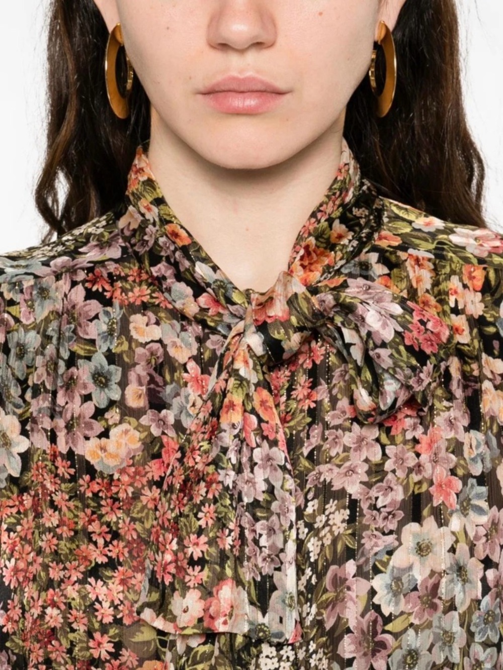 Floral Ruffle-Yoke Tie-Neck Blouse - Green Multi
